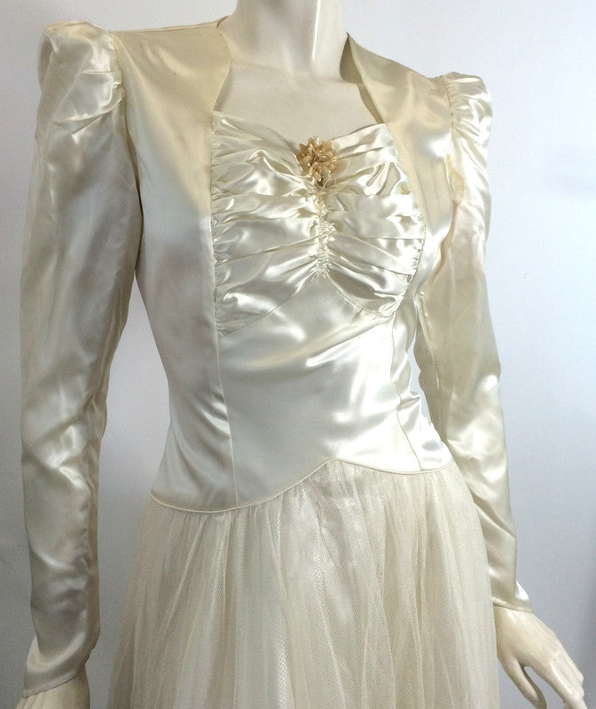 Glamorous Slipper Satin Wedding Gown w/ Wax Flowers circa 1940s