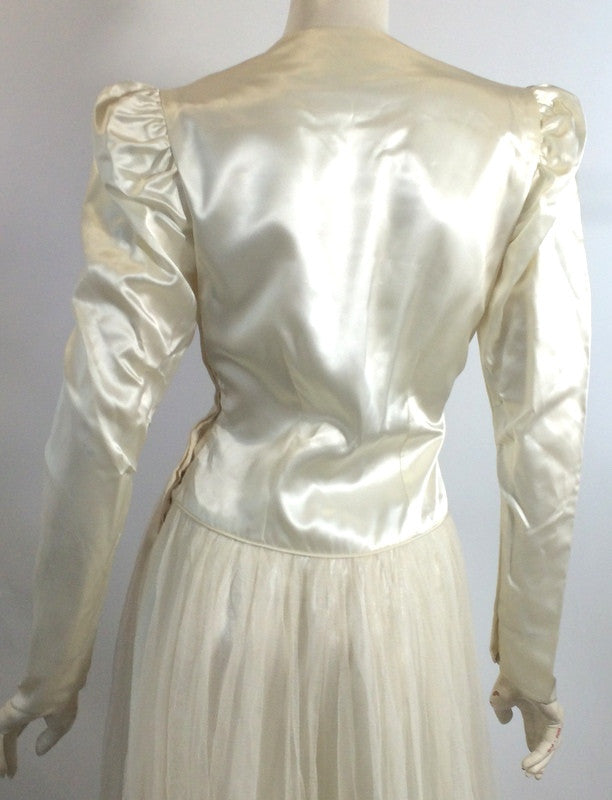 Glamorous Slipper Satin Wedding Gown w/ Wax Flowers circa 1940s