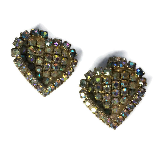 Two Hearts Iridescent Rhinestone Clip Earrings circa 1960s
