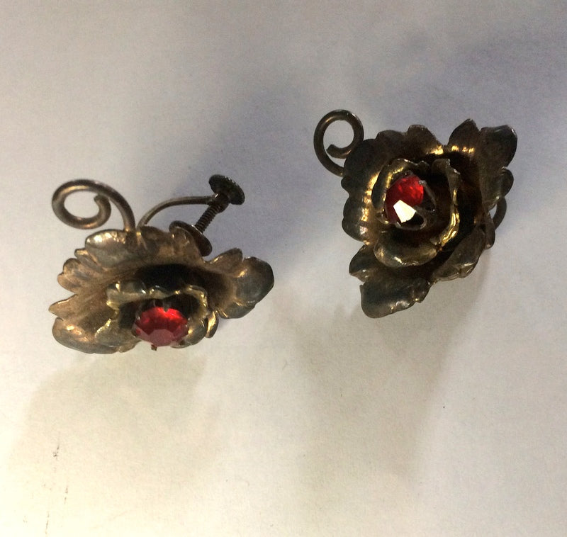 Red Rhinestone Bronze Tone Metal Rose Earrings circa 1940s