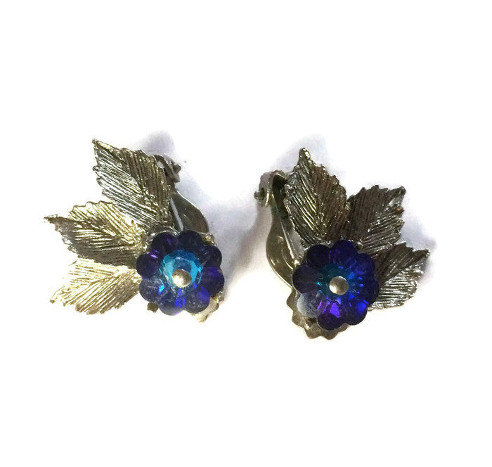 Lovely Blue Flower and Rhinestone Clip Earrings circa 1960s