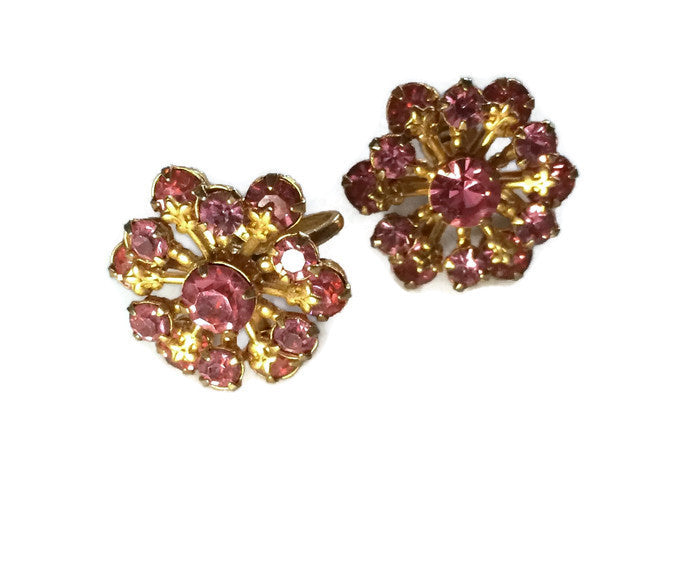 Dainty Pink Rhinestone Cluster Clip Earrings circa 1960s