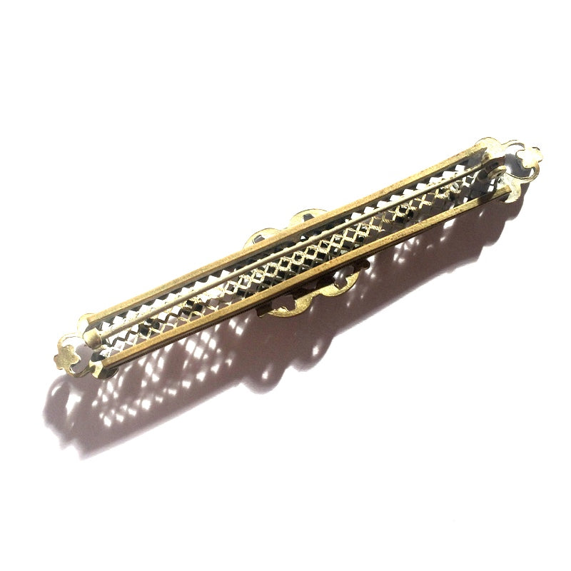 Filigree Gold Tone Metal Bar Sash Pin w/ Mottled Colored Cabochons circa 1910s