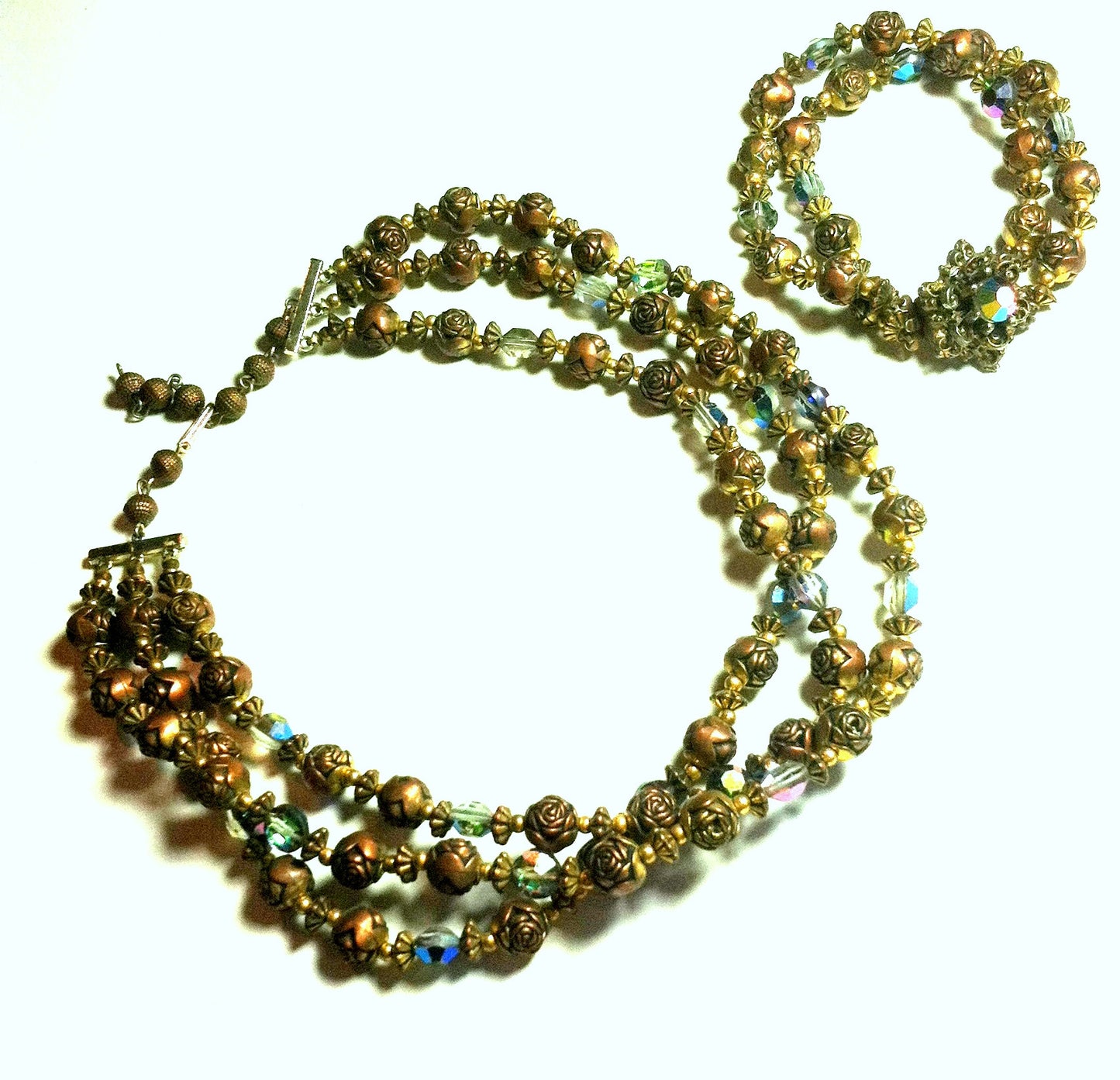 SALE Coppery Rosette Bead and Aurora Borealis Crystal Necklace and Bracelet Set circa 1960s