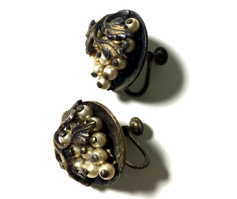 Metal Beaded Grape Cluster Disc Clip Earrings circa 1940s