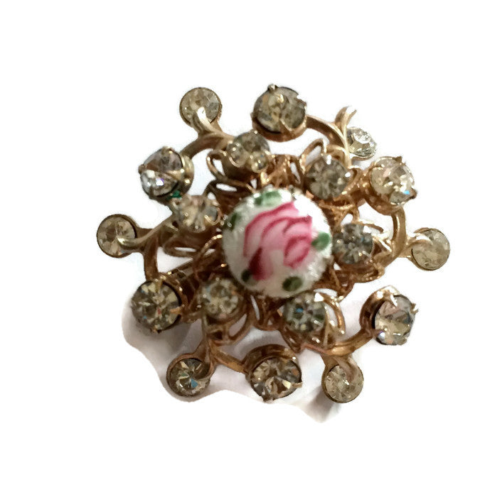 Rose Topped Painted Enamel Domed Rhinestone Brooch circa 1960s