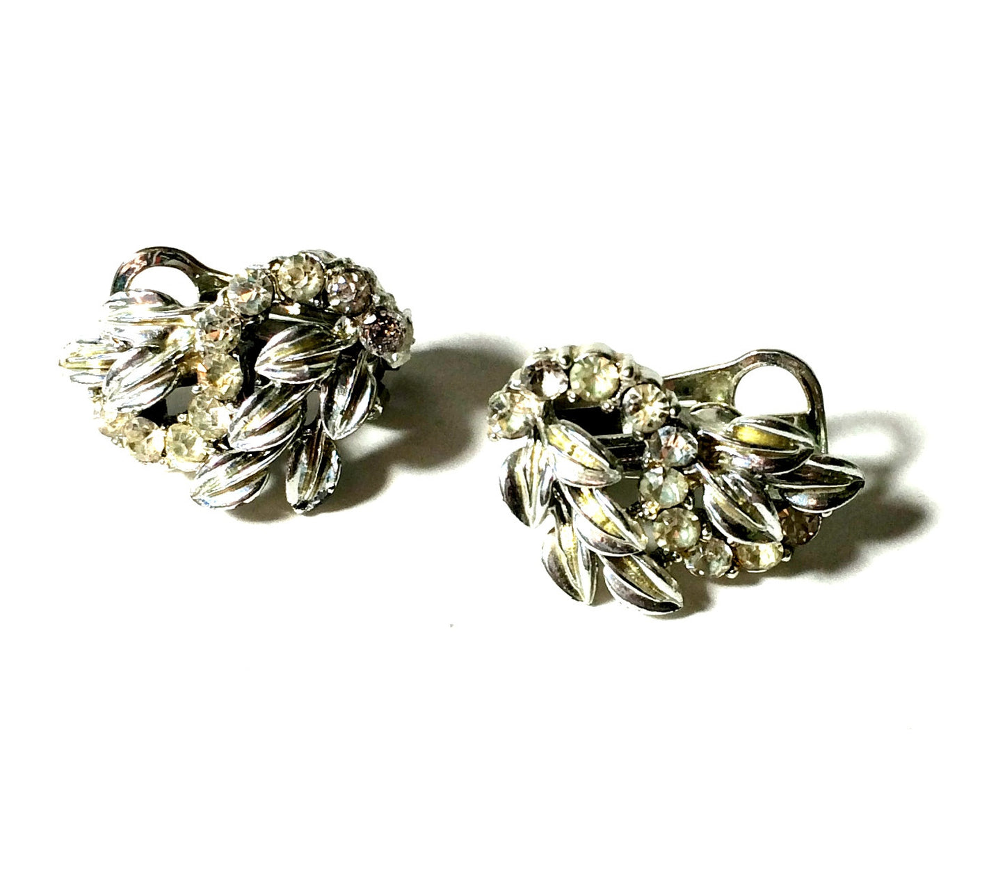 Leaves and Rhinestones Glamorous Clip Earrings circa 1950s