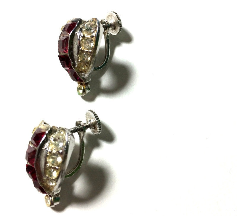 Vampy Red Rhinestone Clip Earrings circa 1950s
