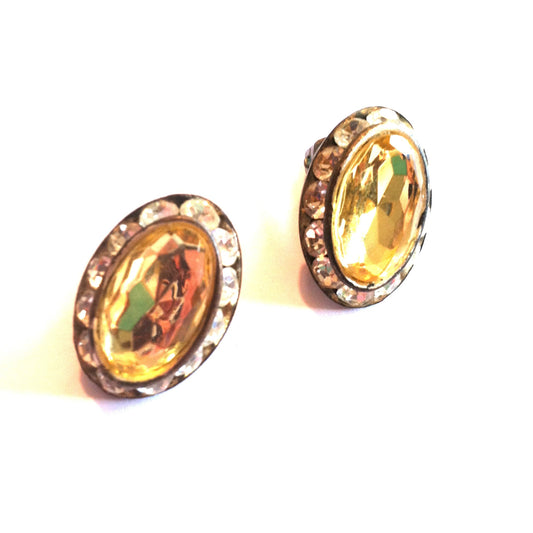Sunshine Yellow Beveled Glass Clip Earrings w/ Rhinestones circa 1960s Dorothea's Closet Vintage Earrings