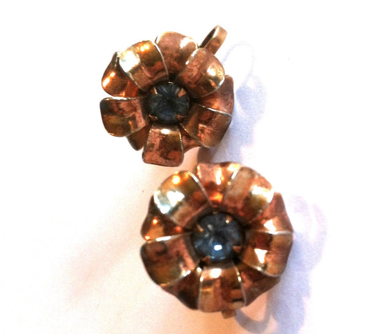 Baby Blue Rhinestone Center Rose Goldtone Flower Clip Earrings circa 1940s