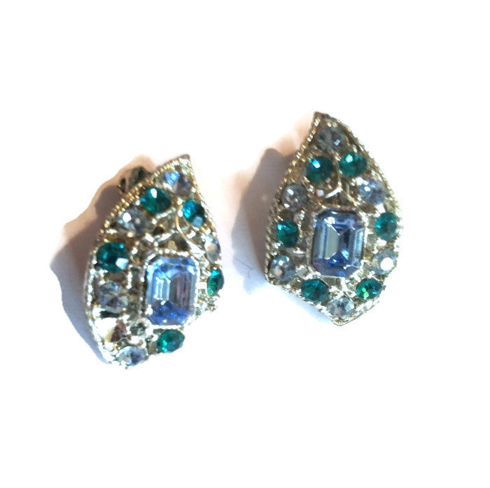 Aqua and Green Rhinestone Clip Earrings circa 1960s