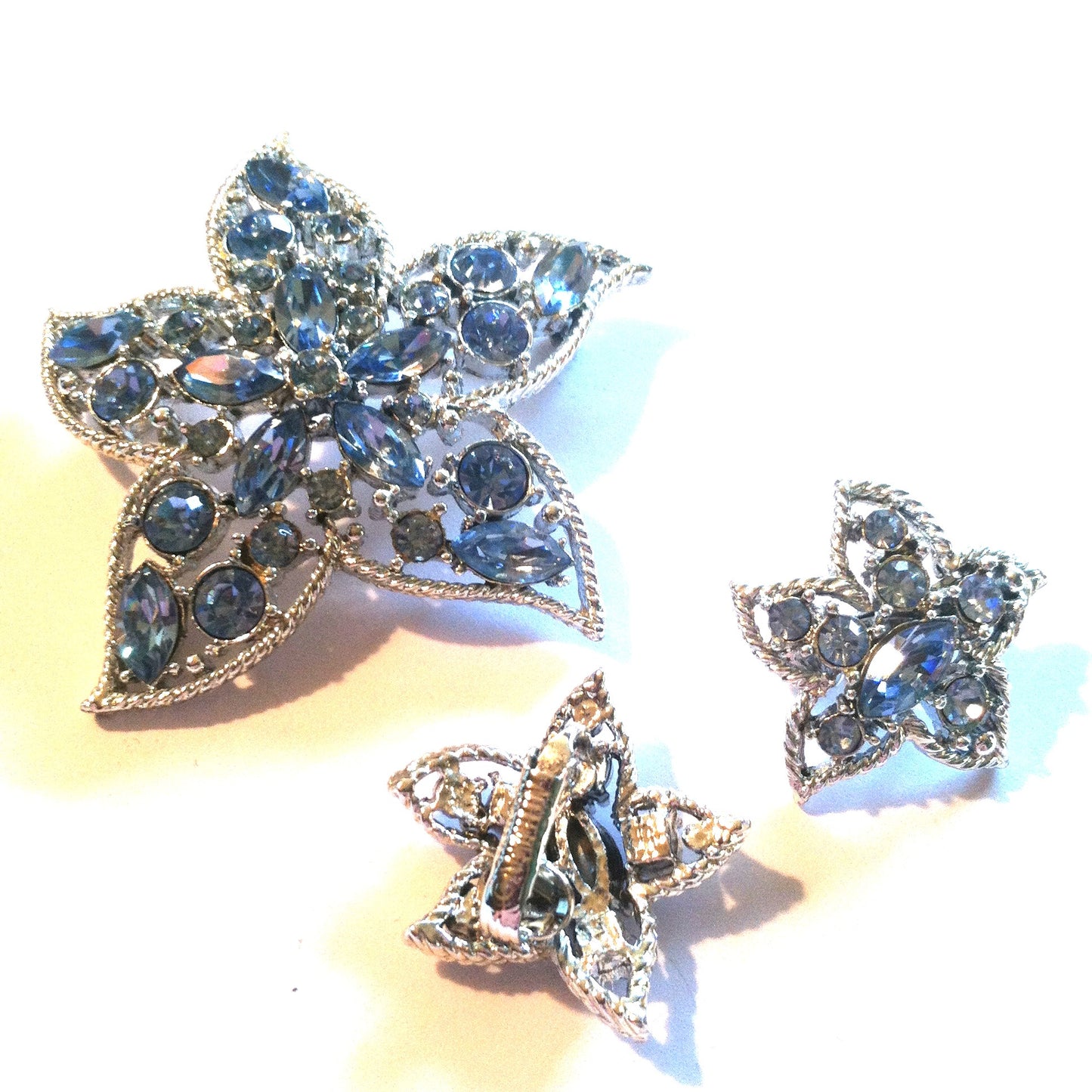 Star Fire Blue Rhinestone Brooch and Clip Earrings circa 1960s