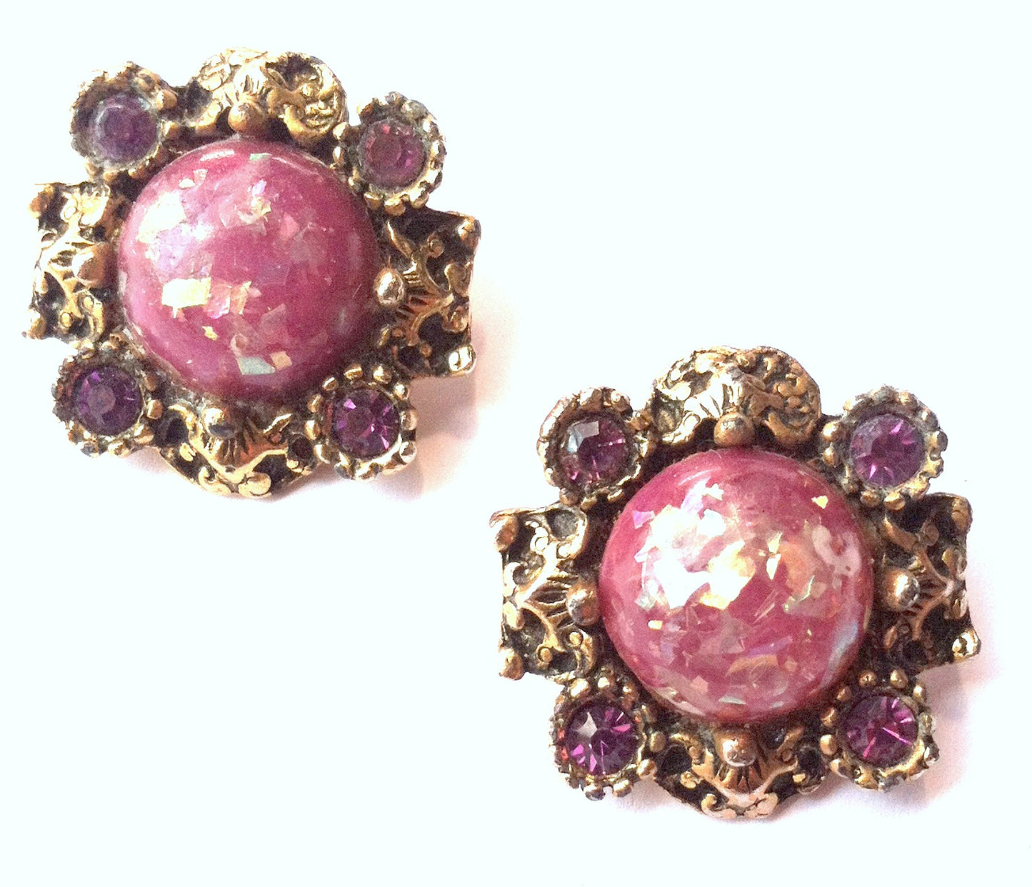 Glittery Rosy Violet Cabochon Clip Earrings circa 1940s
