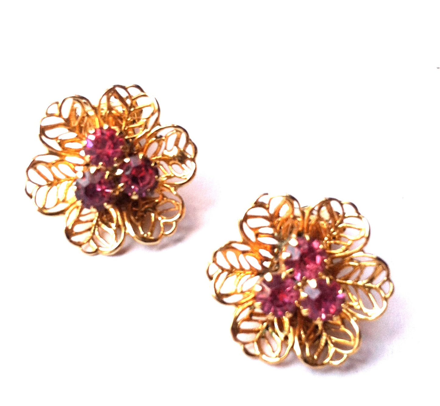 Filigree Goldtone Metal Flower Earrings w/ Pink Rhinestones circa 1960s