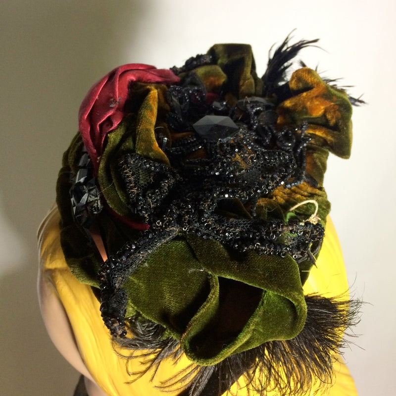 Green Velvet and Silk Beaded & Floral Topped Bonnet circa Late 1800s