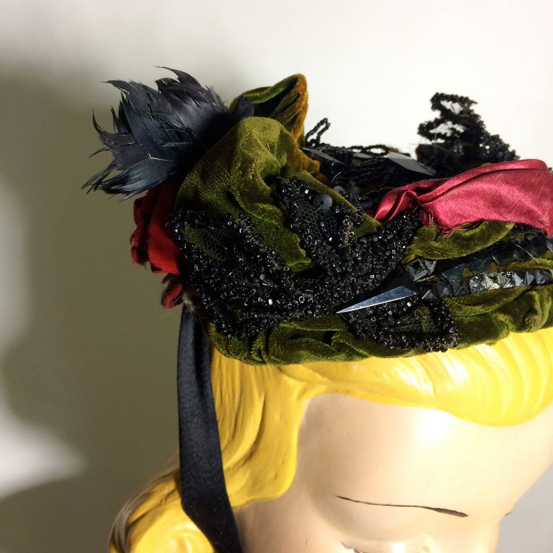 Green Velvet and Silk Beaded & Floral Topped Bonnet circa Late 1800s