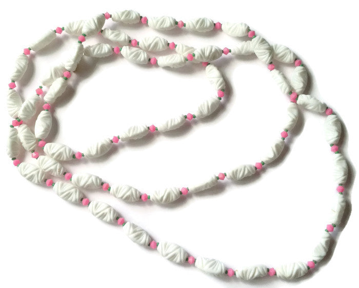 White Carved Bead Necklace w/ Pink Flowers circa 1960s
