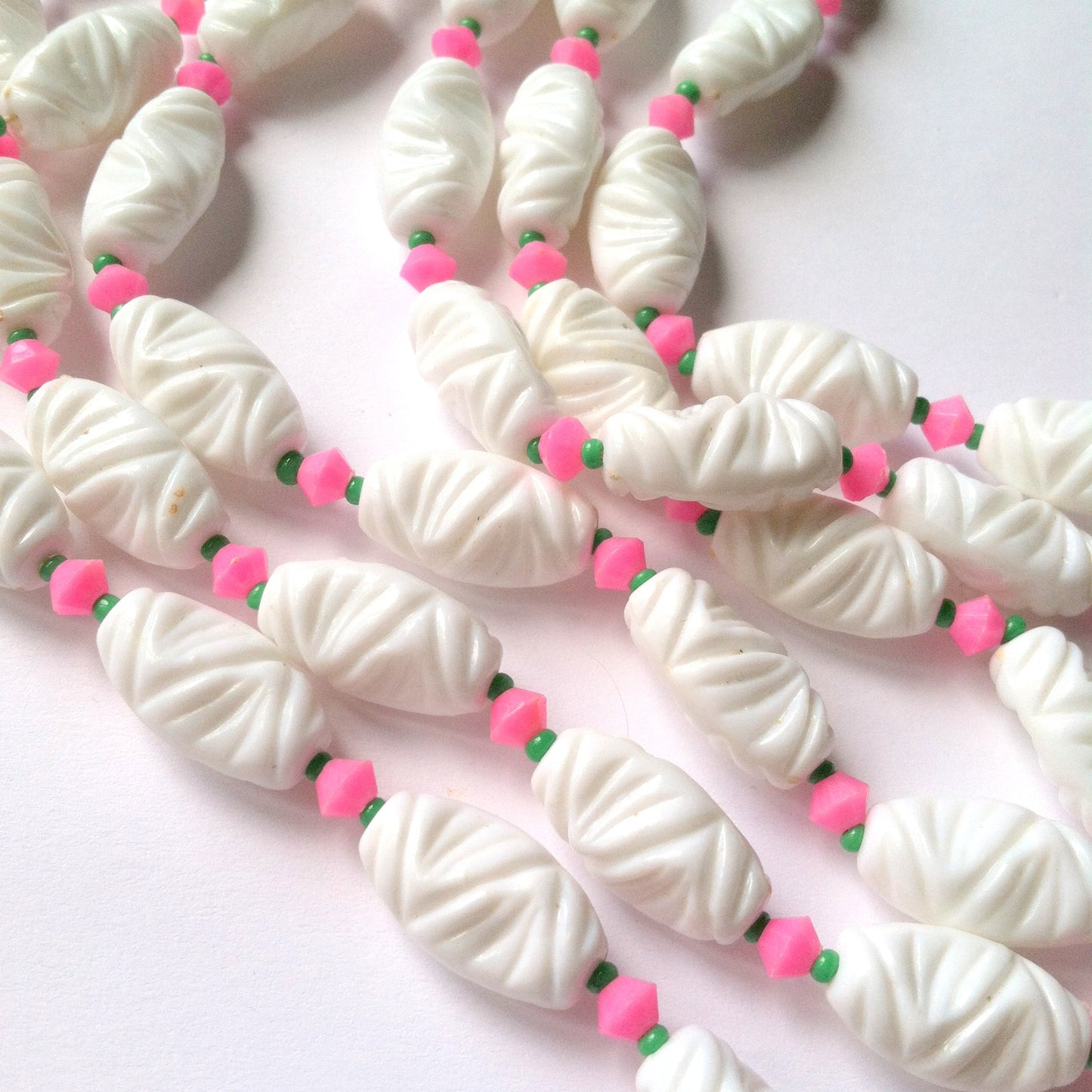 White Carved Bead Necklace w/ Pink Flowers circa 1960s
