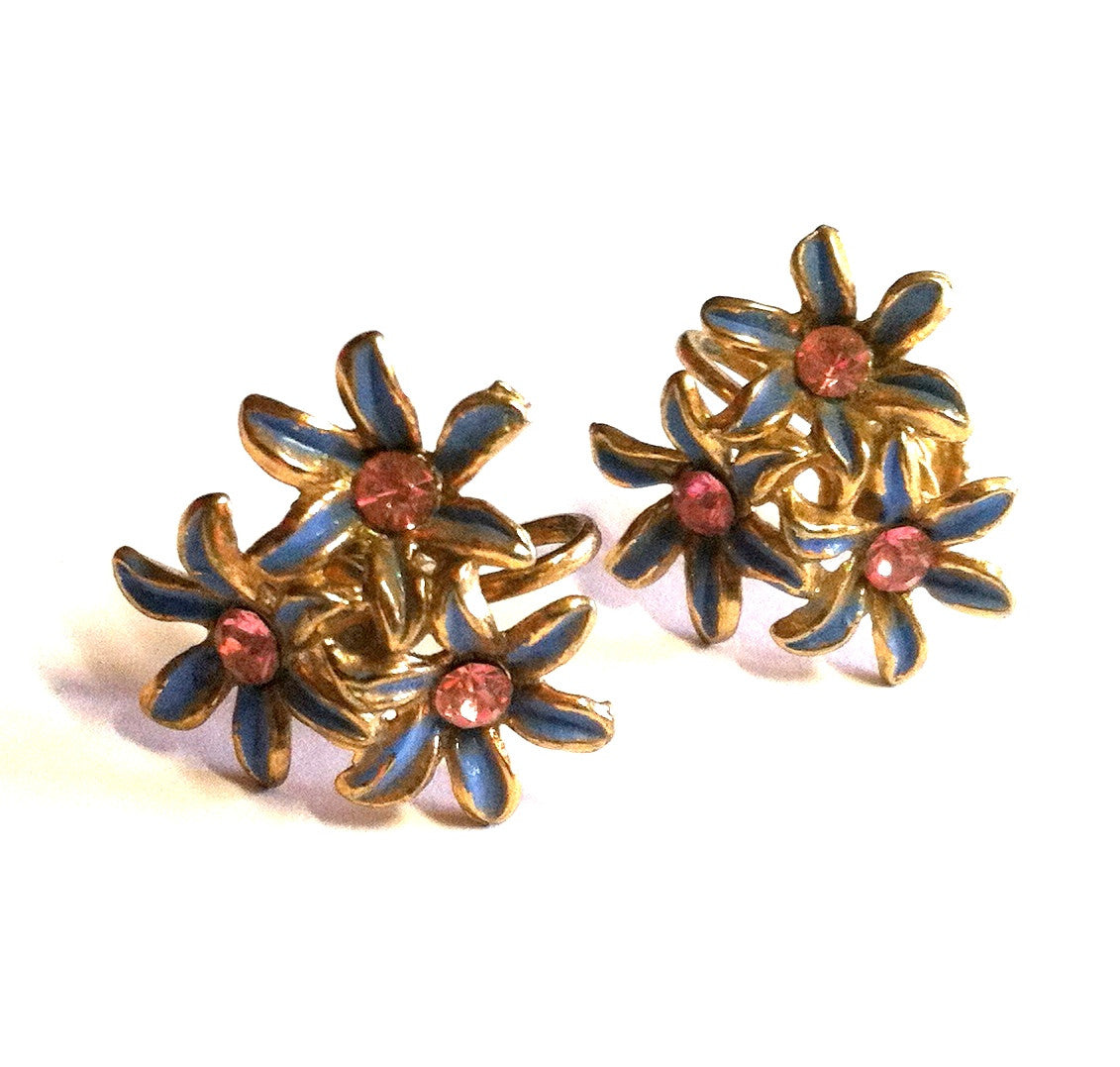 Sweet Pink Rhinestone Blue Enameled Flower Screwback Clip Earrings circa 1950s Dorothea's Closet Vintage Jewelry 