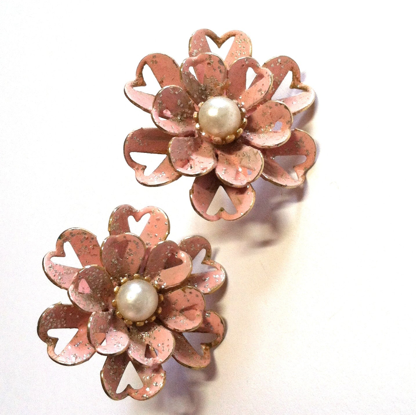 Pink Hearts! Glittery Pink Flower Earrings w/ Heart Cutouts circa 1960s