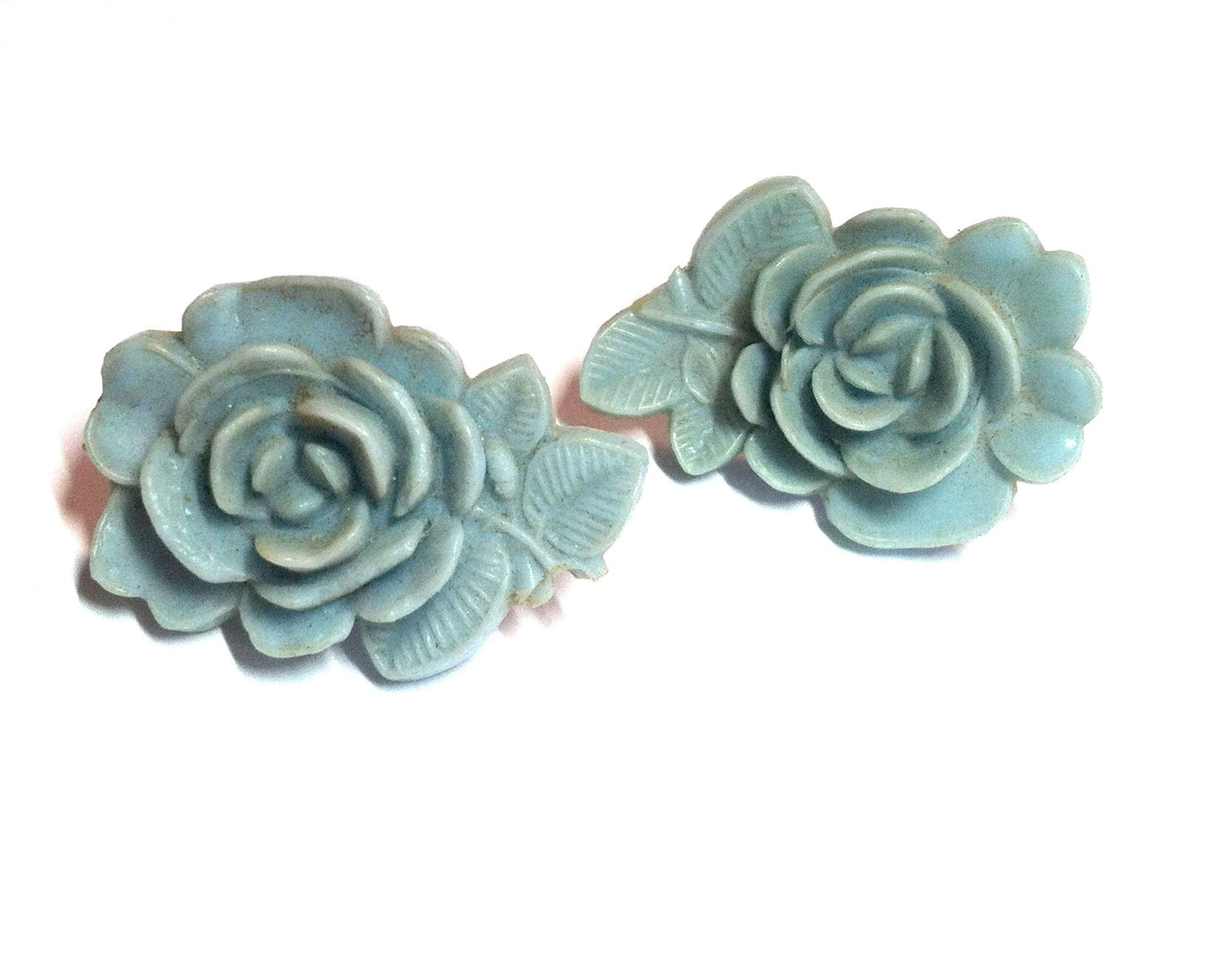 Delft Blue Sculpted Plastic Rose Screwback Clip Earrings circa 1950s Dorothea's Closet Vintage Jewelry