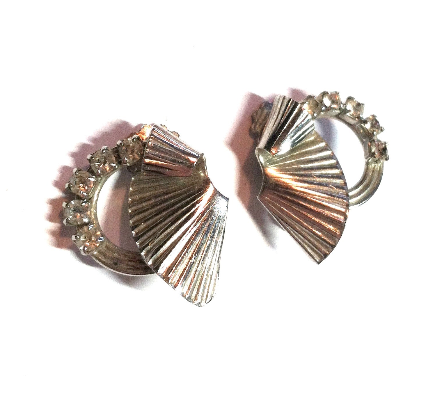 Swirling Fan Shaped Clip Earrings w/ Rhinestones circa 1940s Dorothea's Closet Vintage Jewelry 