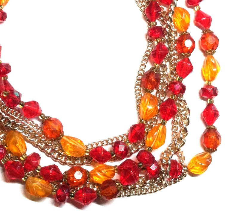 SALE Vivid Red and Orange Faceted Plastic Bead and Chain Multistrand Necklace circa 1960s