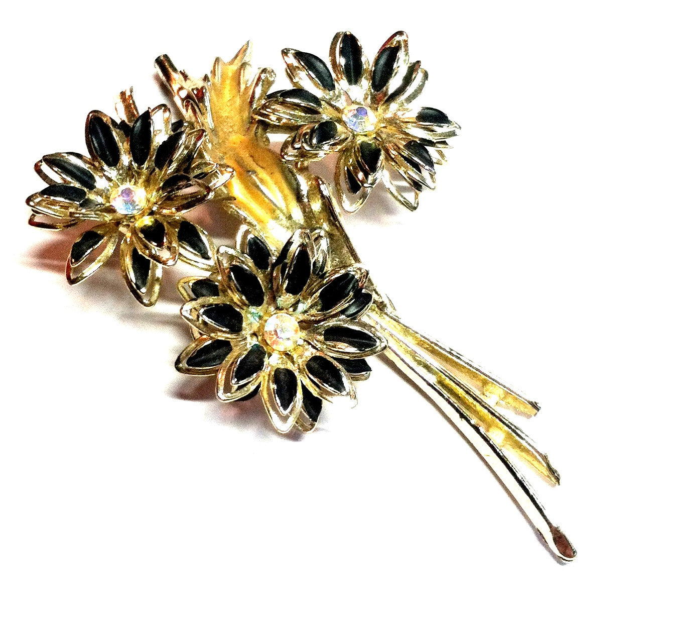Black Petaled Gold Flower Bouquet Brooch w/ Rhinestones circa 1960s Dorothea's Closet Vintage Jewelry 
