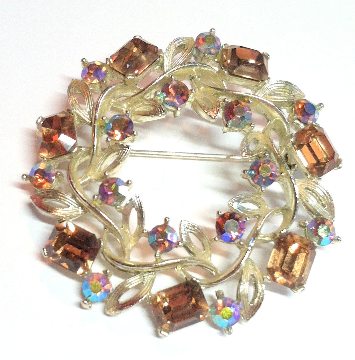 Wreath Shaped Brooch w/ Aurora Borealis Cystals circa 1960s Dorothea's Closet Vintage Jewelry