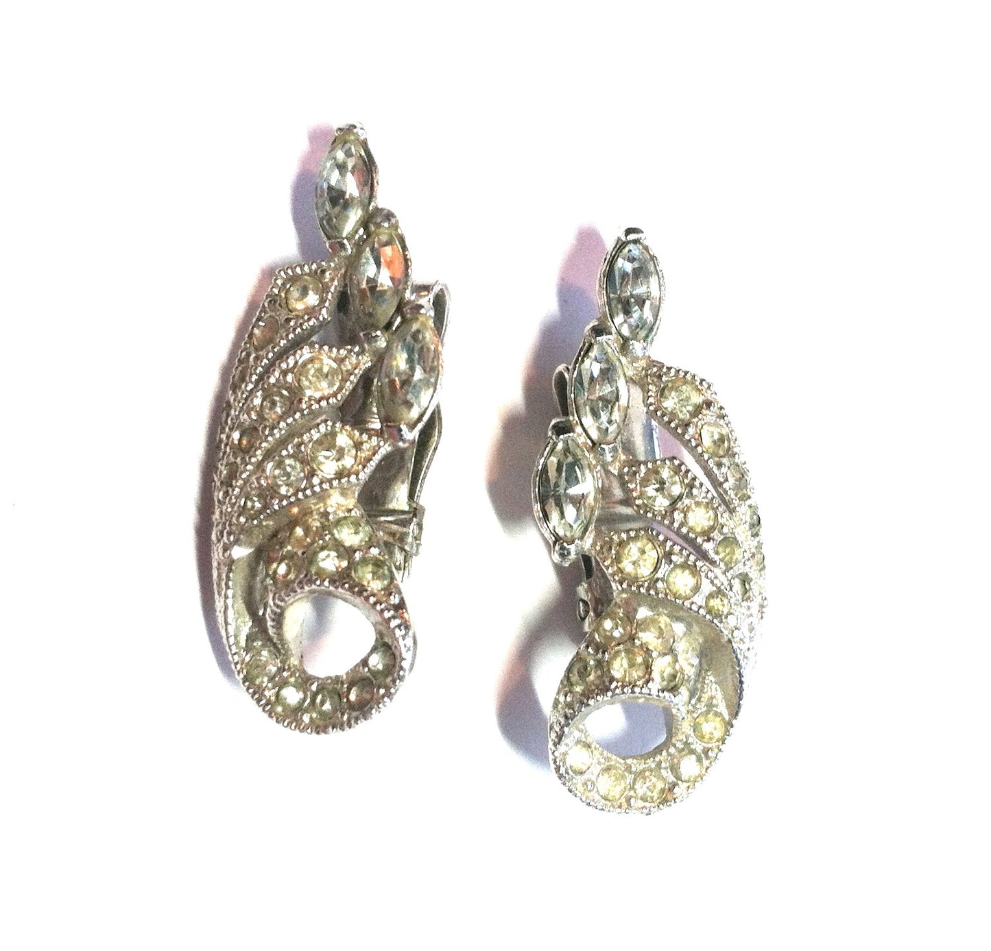 Graceful Curving Silver and Rhinestone Clip Earrings circa 1940s Dorothea's Closet Vintage Jewelry 
