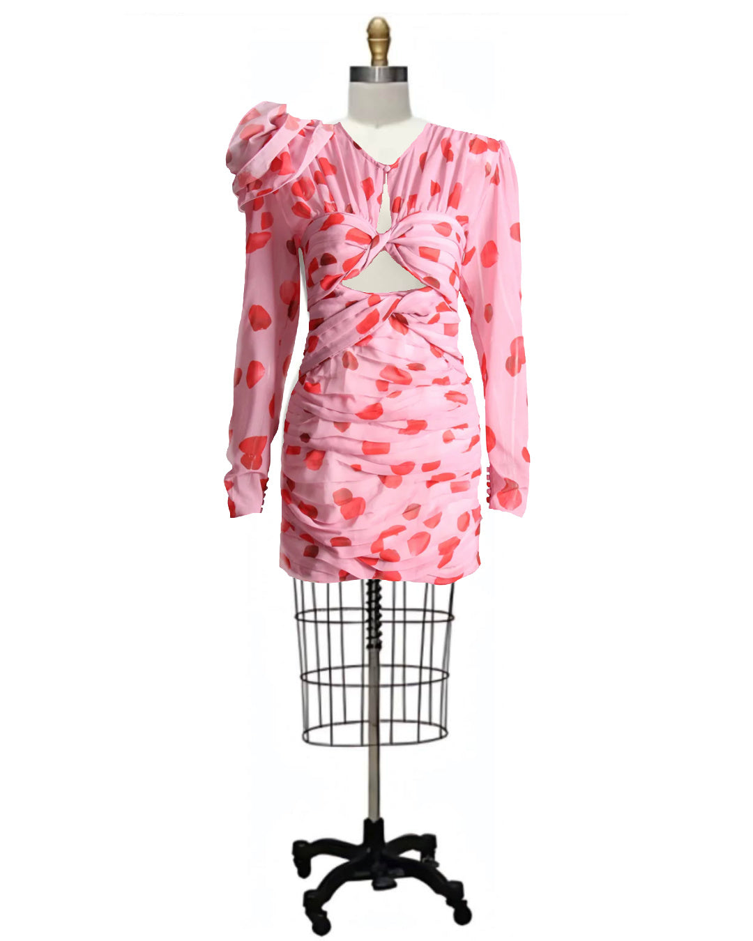 Pinked- the Ruched Pink and Red Polka Dot Print Cocktail Dress