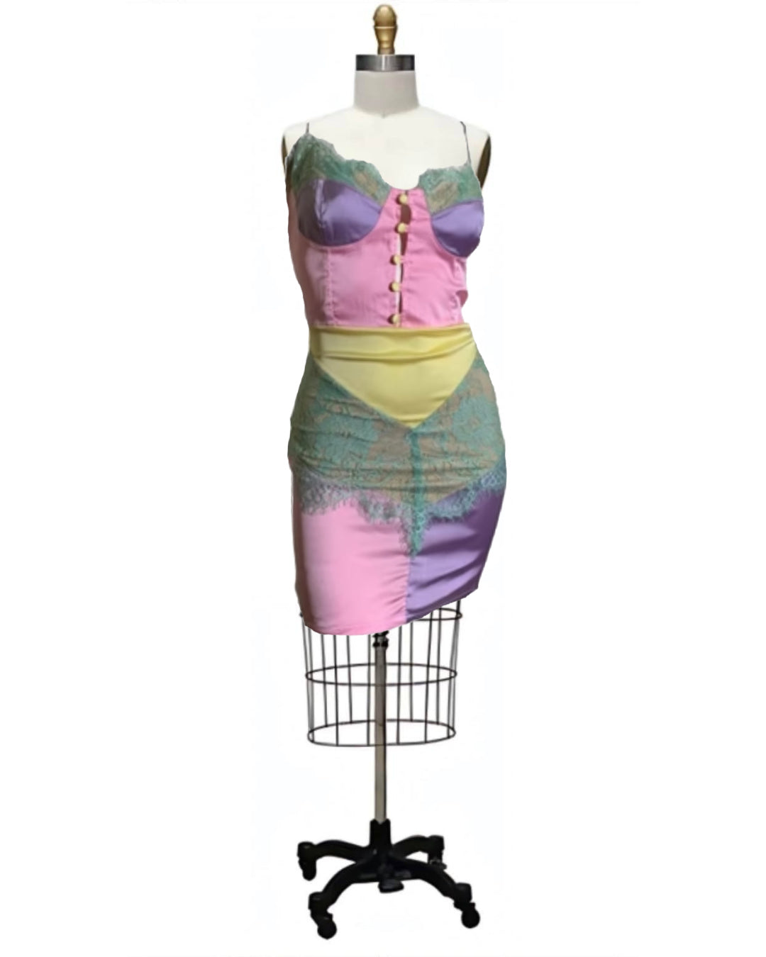 Claudia- the Y2K Inspired Pastel Lace Lingerie Dress with Rhinestone Straps (Bustier and Maxi Dress too)