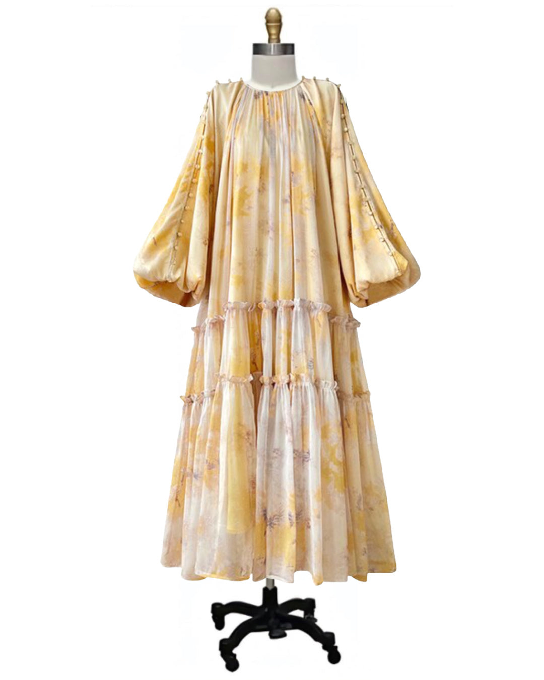 Mariano- the Fortuny Style Button Balloon Sleeved Floral Tiered Dress with Cord Sash