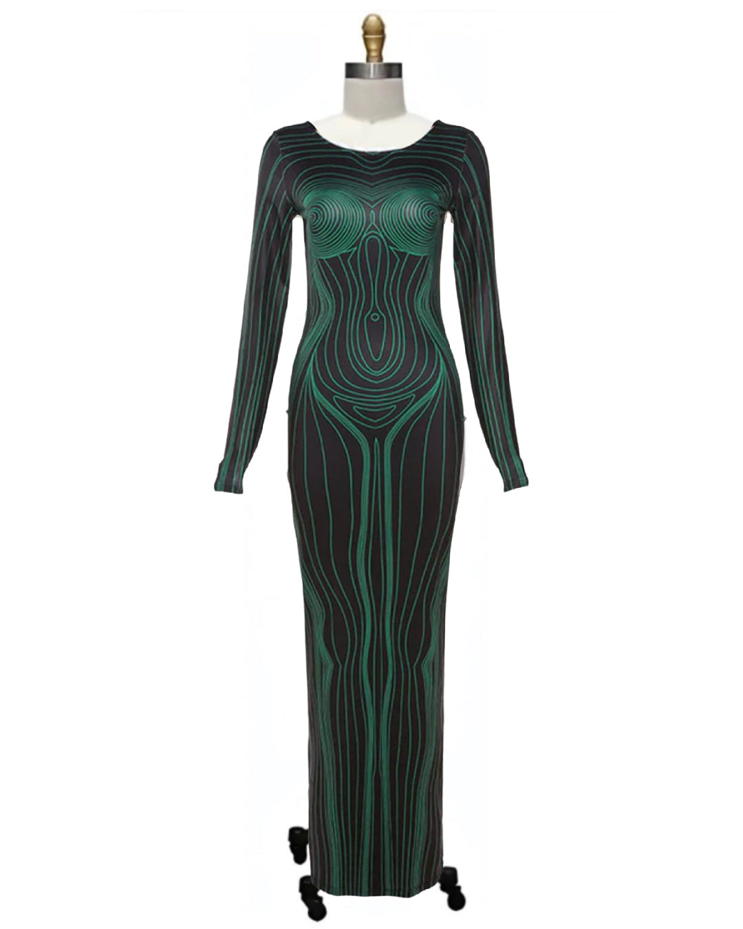 Metropolis- the Body Art Print Fitted Black and Green Dresss