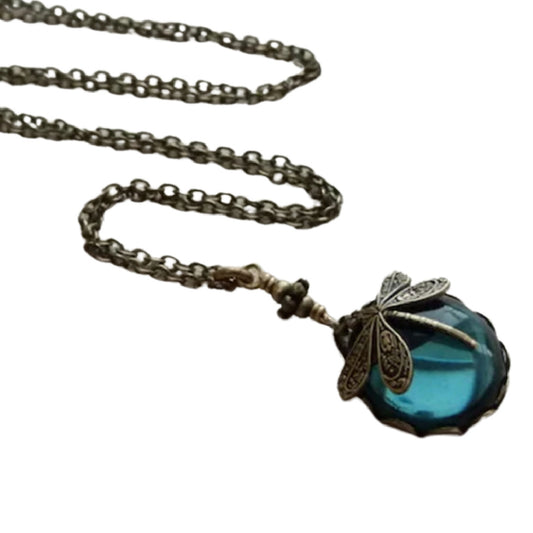Hover- the Art Nouveau Glass Drop Dragonfly Necklace