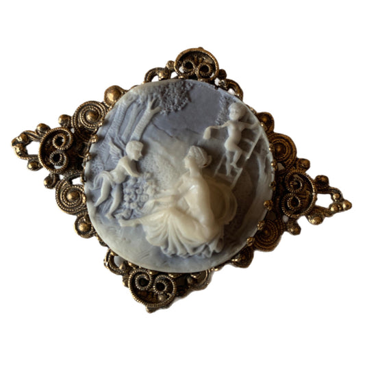 Lady and Cherubs Carved Resin Brooch circa 1960s