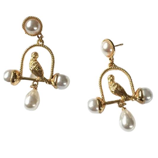 Swing- the Golden Bird on a Swing with Faux Pearls Earrings