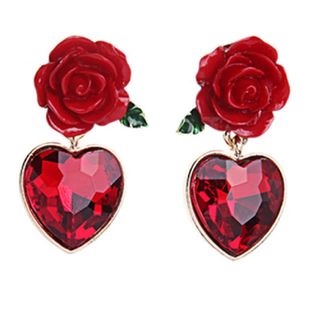Ruby- the Red Rhinestone and Rose Dangle Earrings