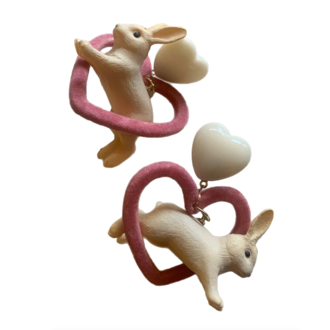 Bunnylove- the Pink Flocked Heart Bunny Dangle Earrings