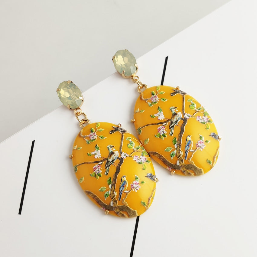 Treed- the Birds and Branches Dangle Cloisonne Cabochon Earrings 2 Colors