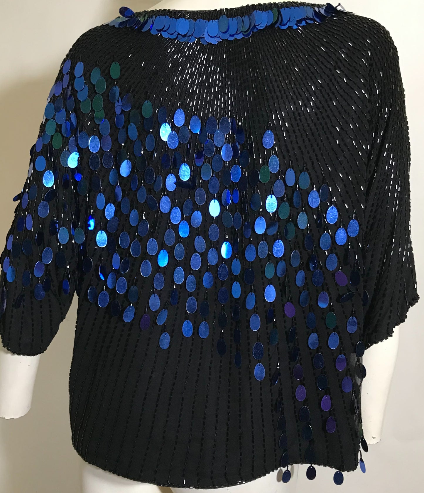 Shimmering Black and Blue Paillette Sequined and Beaded Blouse circa 1980s