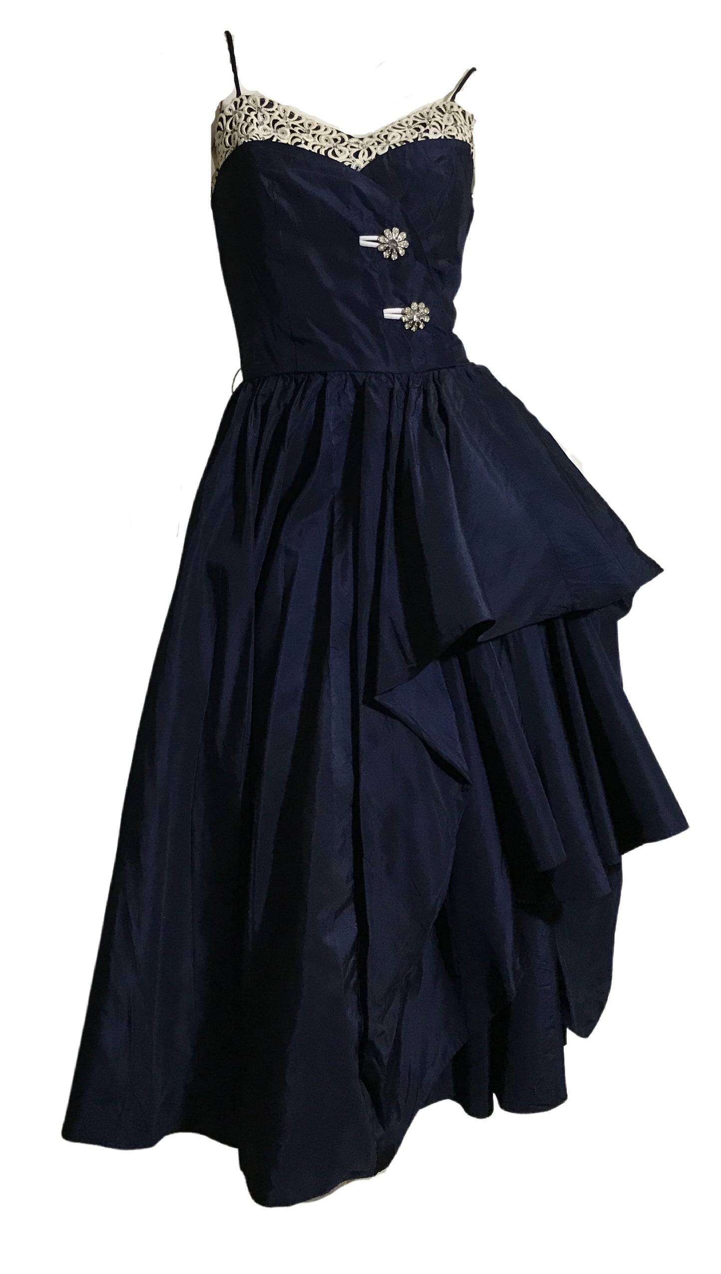 Rhinestone Button Trimmed Deep Blue Taffeta Cocktail Dress with Swagged Skirt circa 1940s