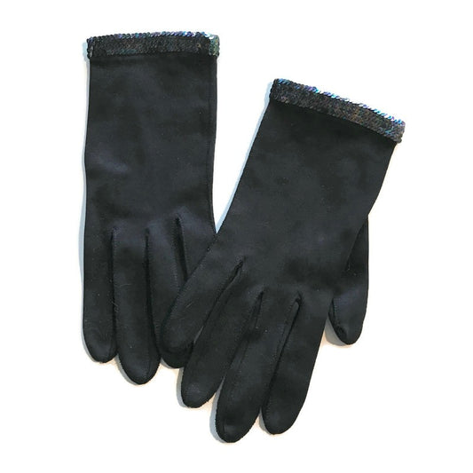 Black Wrist Length Gloves with Peacock Hued Iridescent Sequins circa 1960