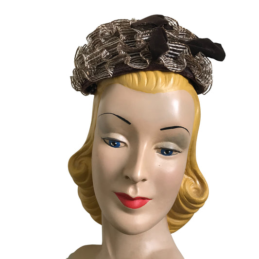 Sculpted Cocoa and White Sisal Whimsy Cap with Velvet Bow circa 1960s Lilly Daché