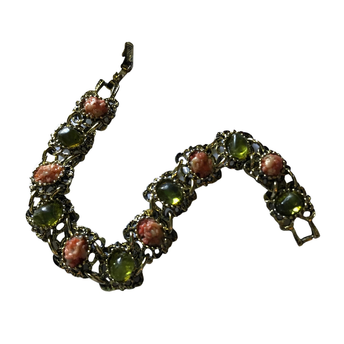Gold Tone Link Bracelet with Olive and Tangerine Stones circa 1960s
