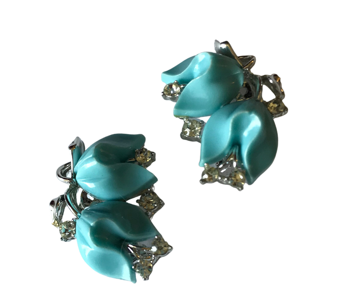 Aqua Blue Tulip Shaped Thermoset Plastic and Rhinestone Clip Earrings circa 1960s