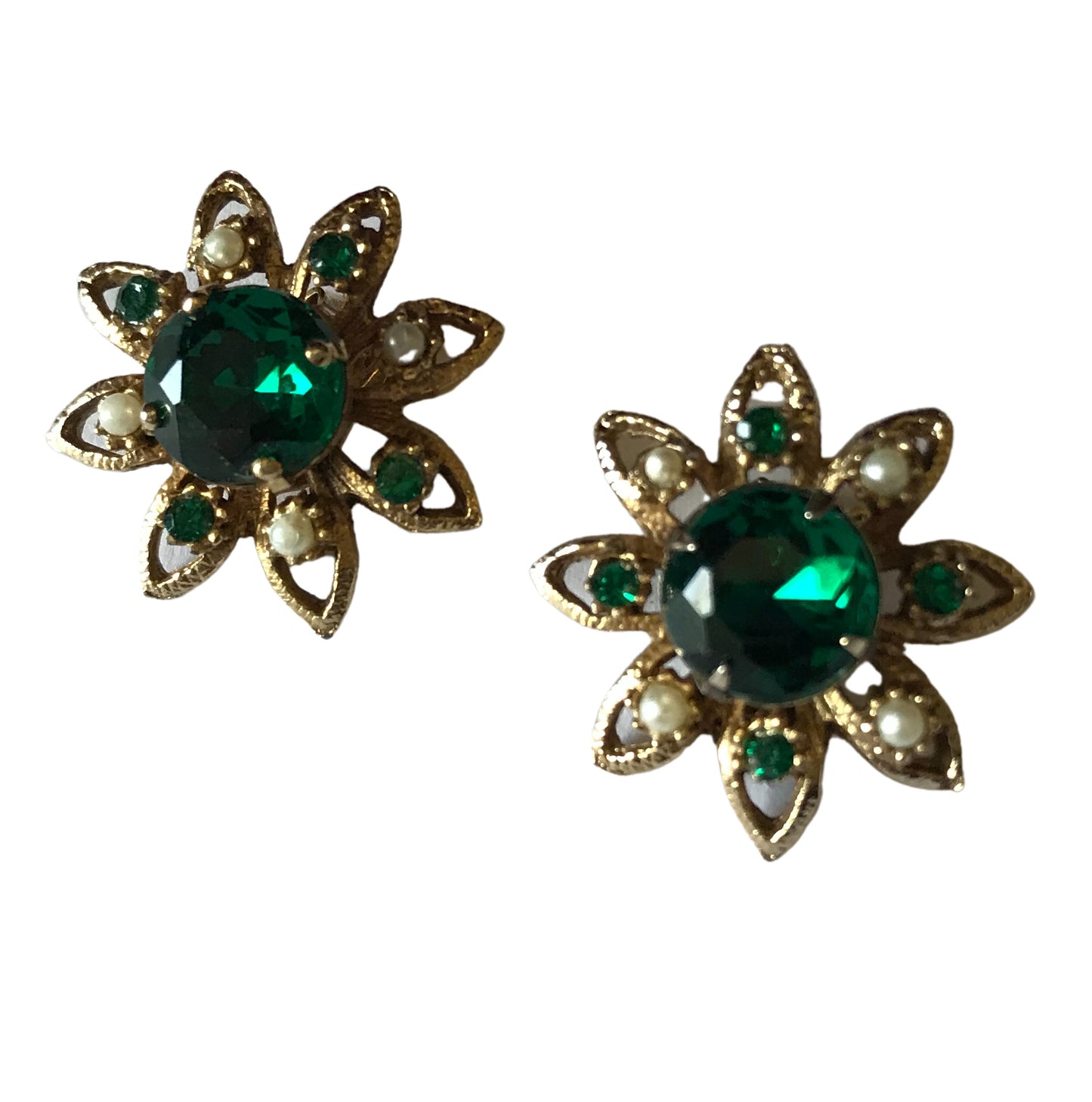 Glamorous Deep Green Rhinestone and Faux Pearl Flower Shaped Clip Earrings circa 1960s