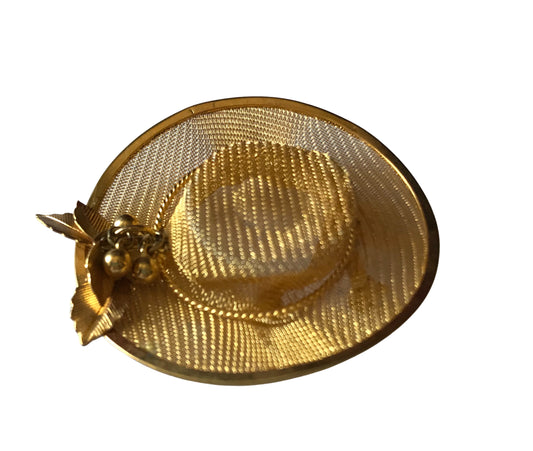 Mesh Gold Tone Metal Hat Shaped Brooch with Holly circa 1980s