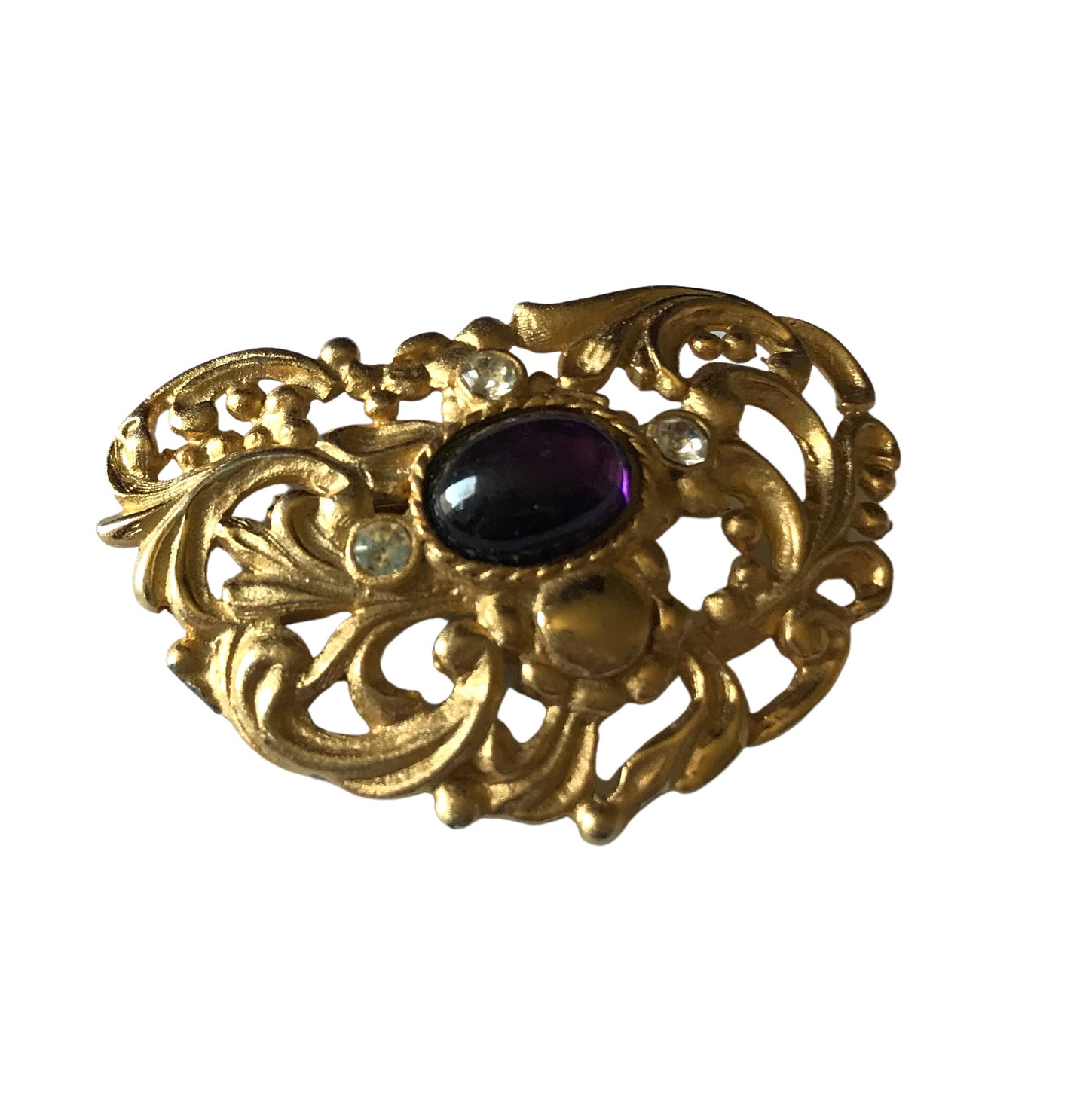 Art Nouveau Style Gold Tone Metal Brooch with Purple Cabochon circa 1980s