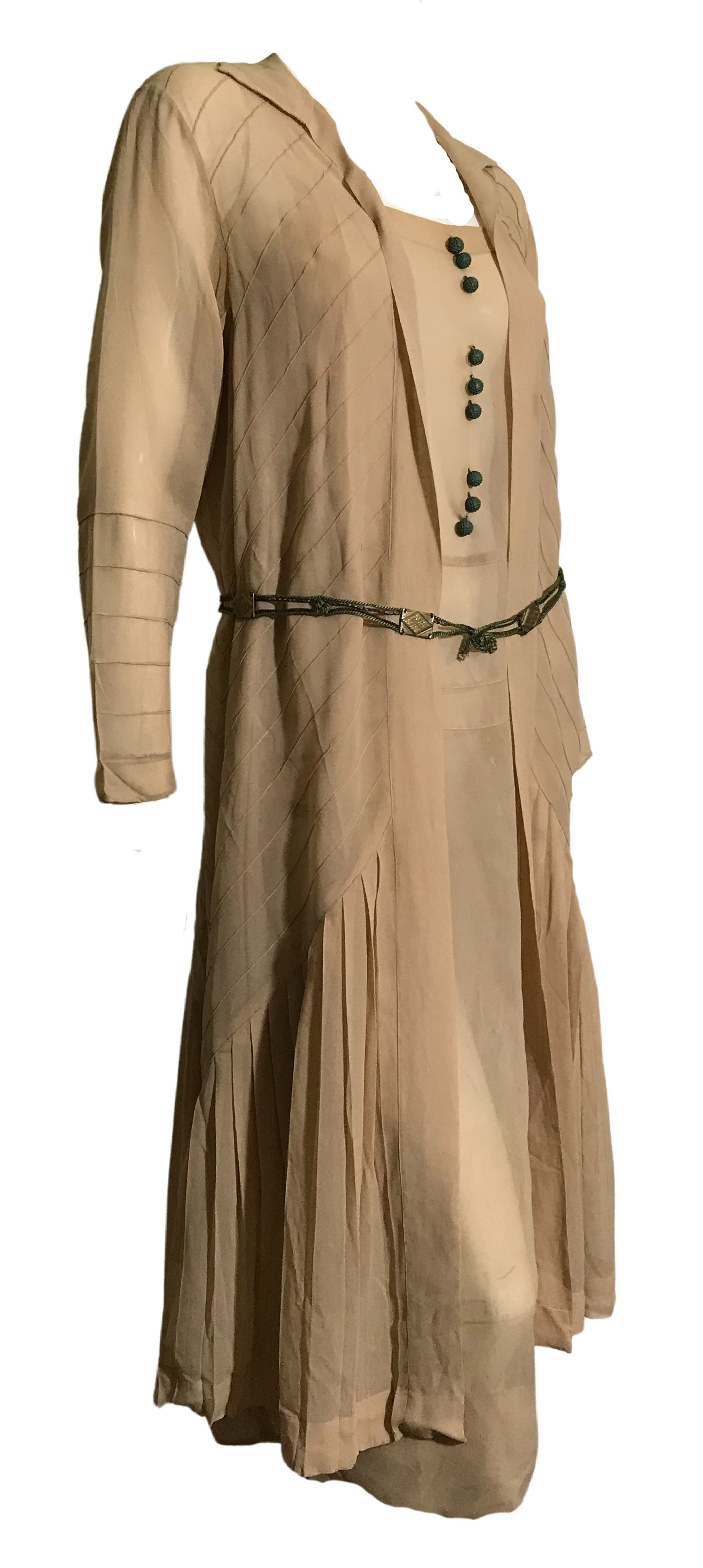 Egyptian Revival Warm Ivory Silk 2 Piece Day Dress with Green Metal Buttons and Braided Silk Sash circa 1920s